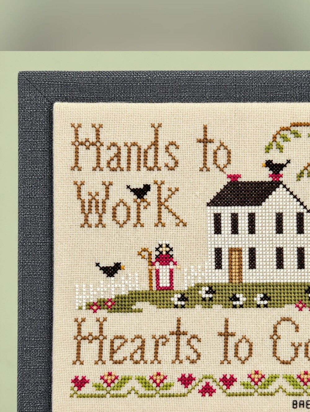 Hands to Work Hearts to Give Framed Cross-Stitch Wall Art in Green and Pink